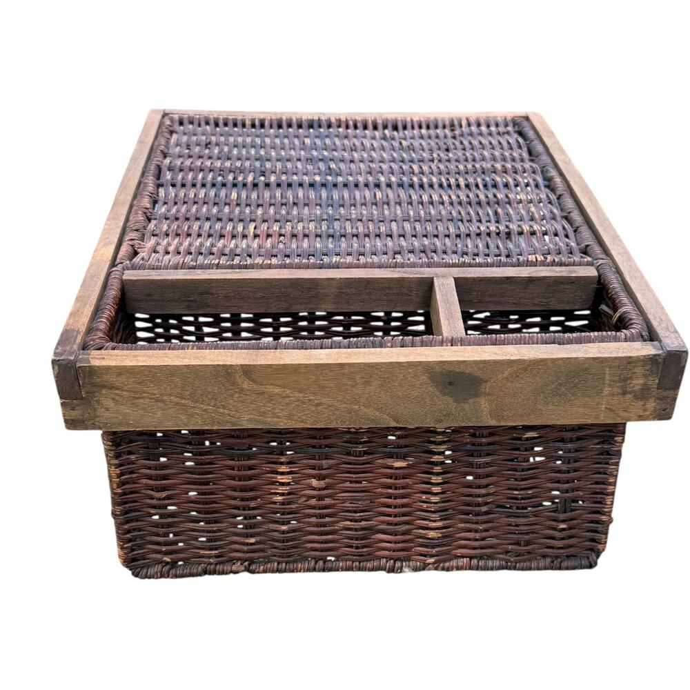 Vintage Rattan and Wood Utensil & Plate Caddy - Picture 5 of 16